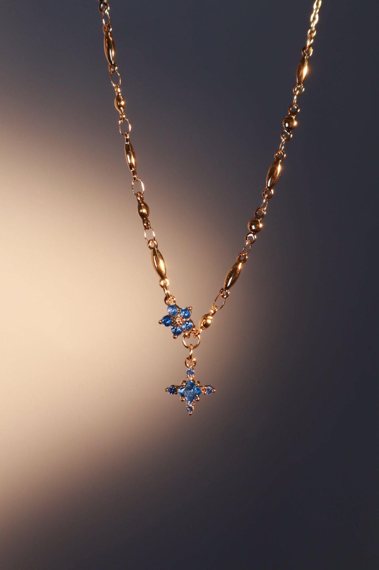 18K Real Gold Plated Aquamarine Starlight Cross Necklace