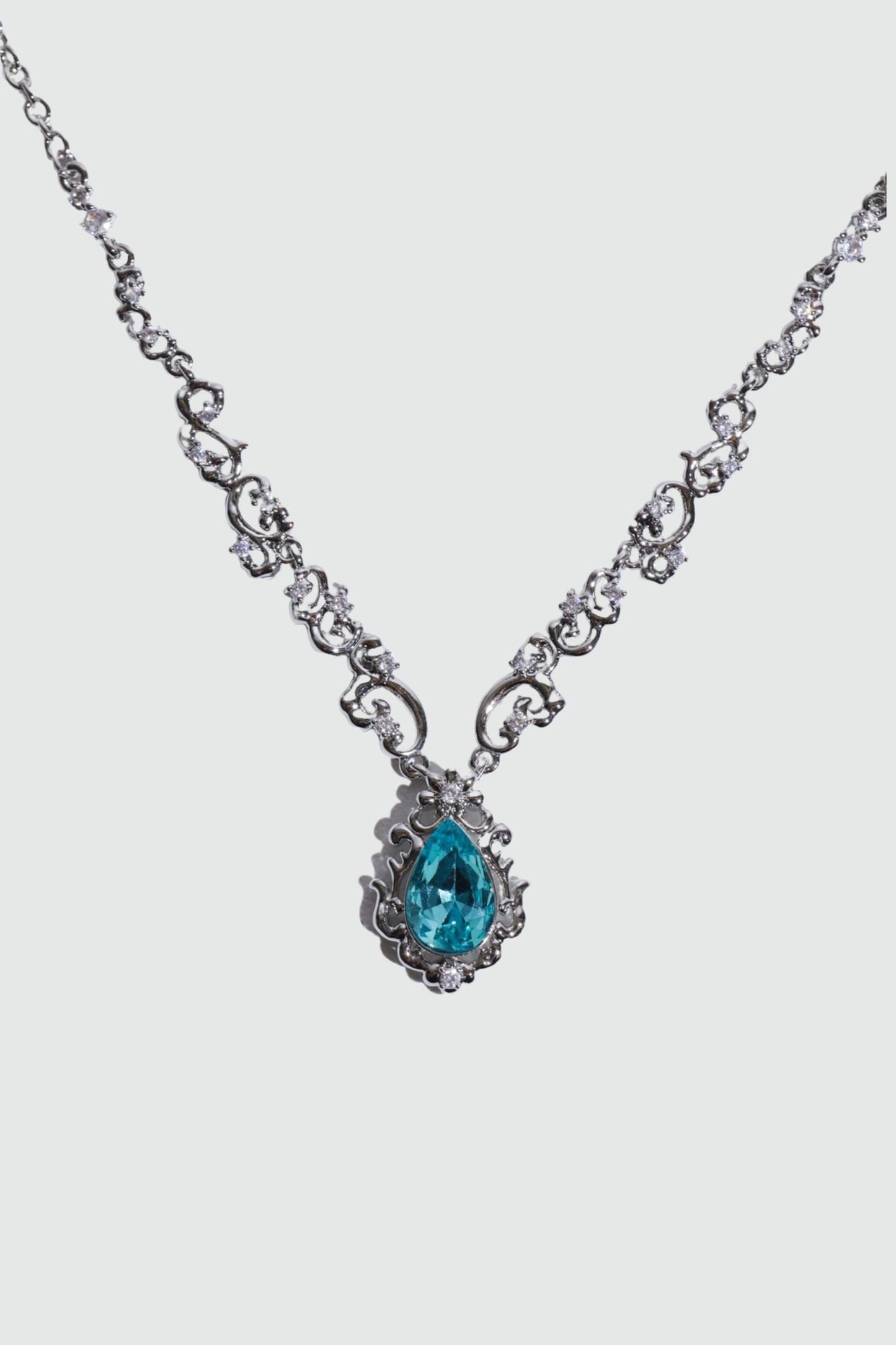 Palladium White Gold Plated Blue Gem Droplet Lace Necklace