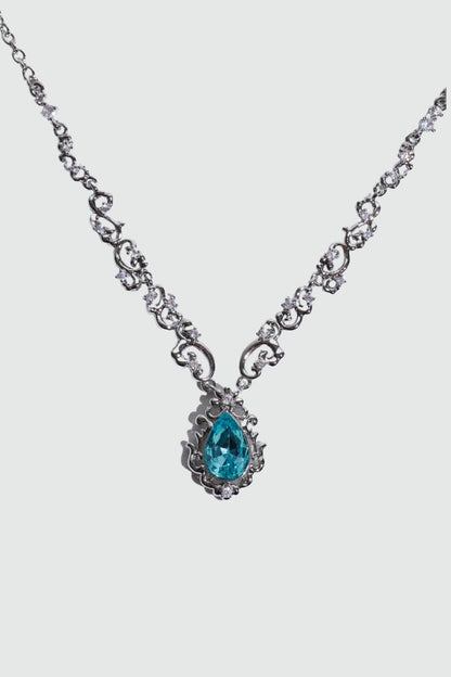 Palladium White Gold Plated Blue Gem Droplet Lace Necklace