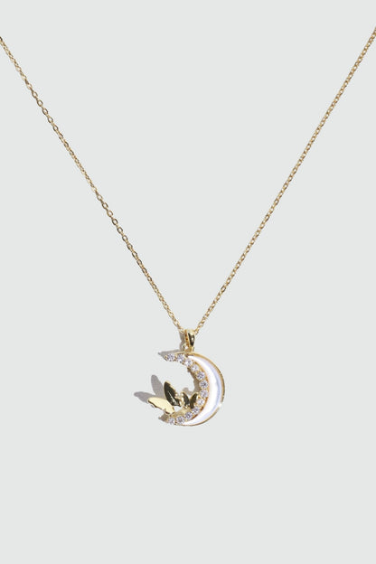 14K Real Gold Plated Diamond Moon Butterfly Necklace