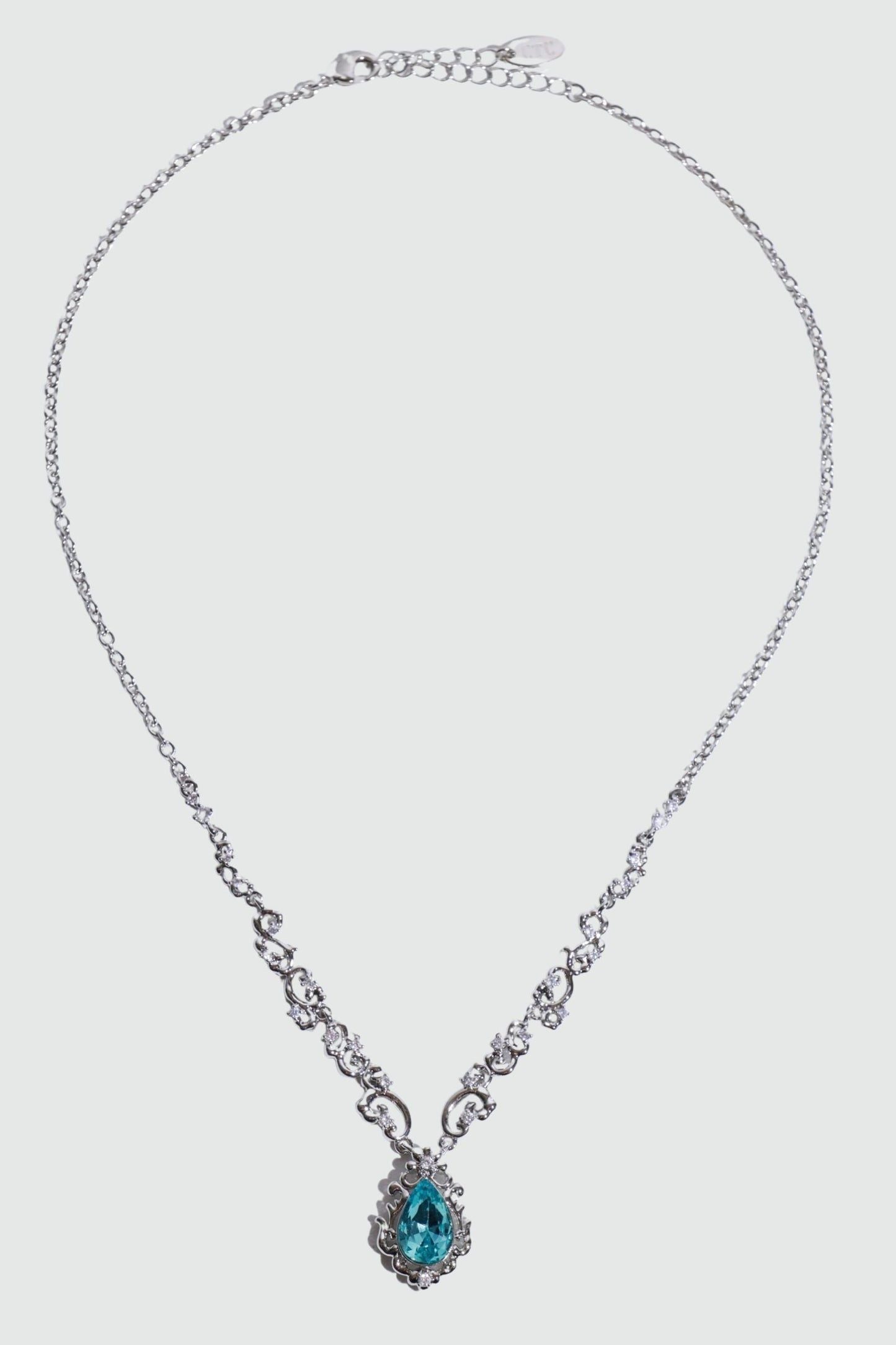 Palladium White Gold Plated Blue Gem Droplet Lace Necklace