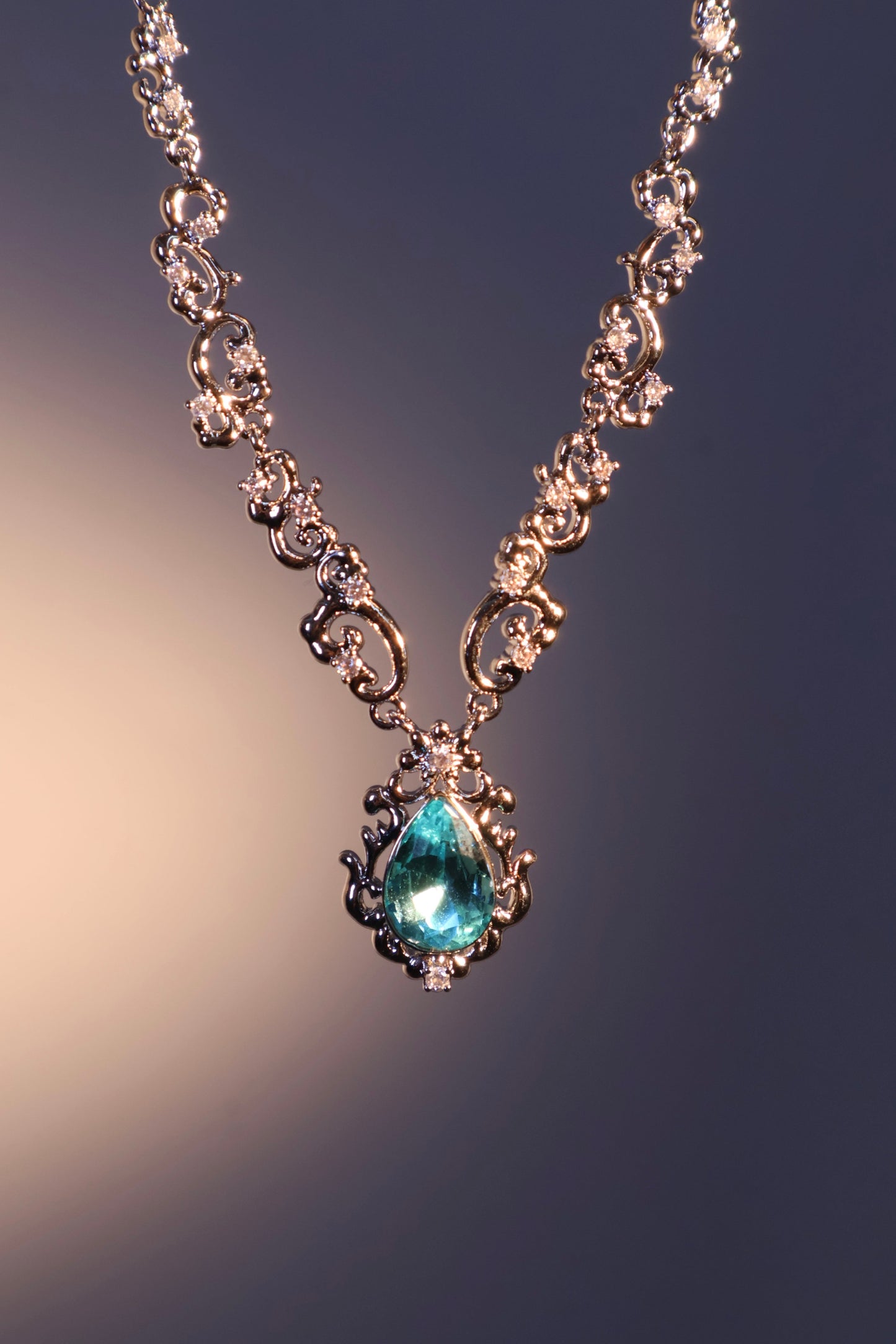 Palladium White Gold Plated Blue Gem Droplet Lace Necklace