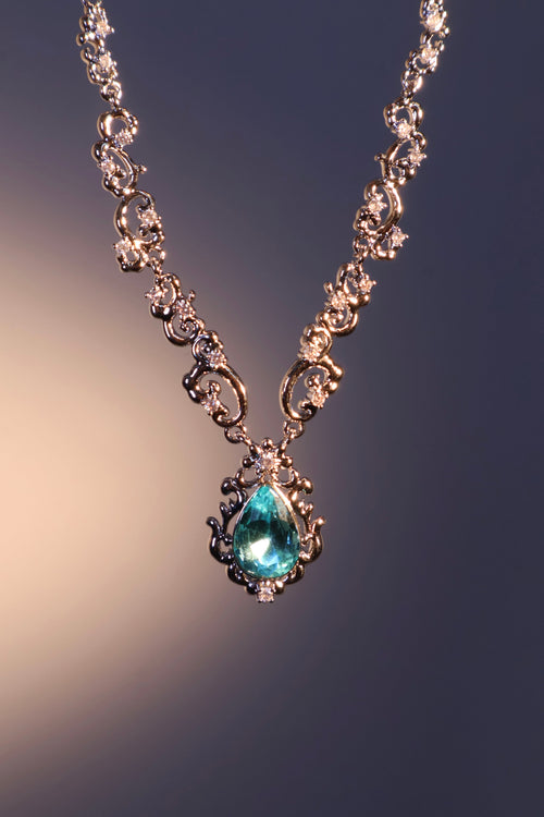 Palladium White Gold Plated Blue Gem Droplet Lace Necklace