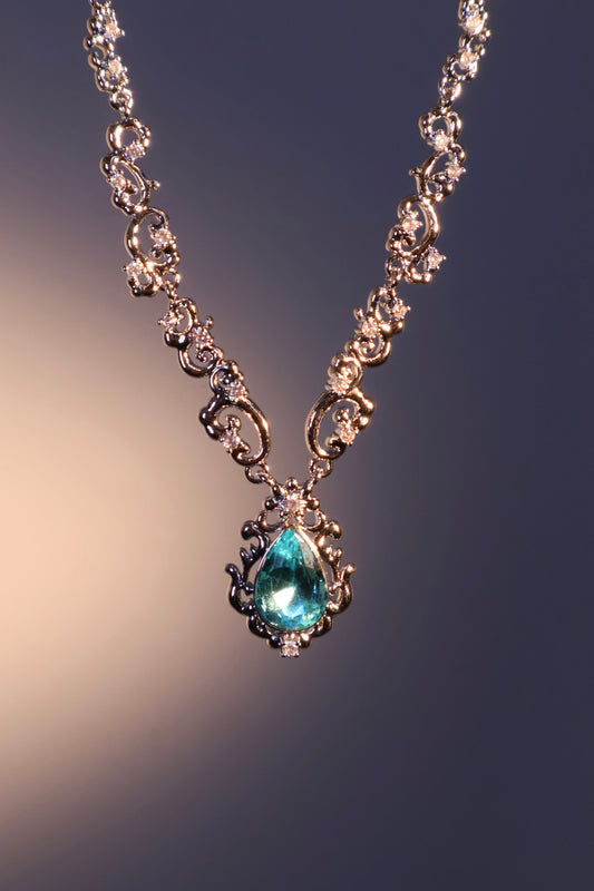 Palladium White Gold Plated Blue Gem Droplet Lace Necklace