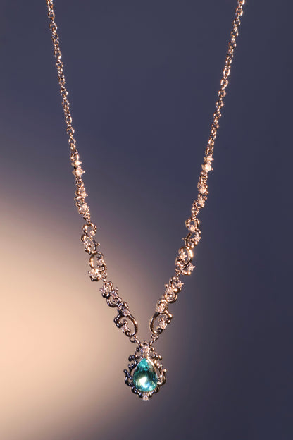 Palladium White Gold Plated Blue Gem Droplet Lace Necklace