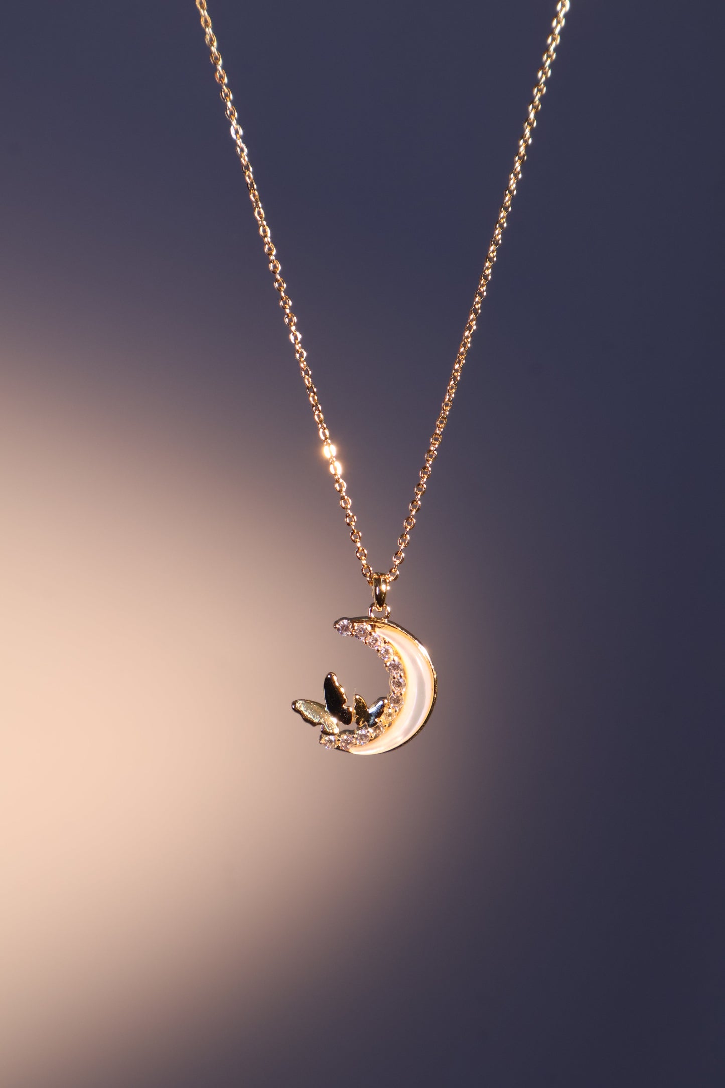 14K Real Gold Plated Diamond Moon Butterfly Necklace