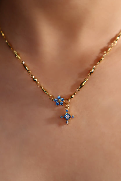 18K Real Gold Plated Aquamarine Starlight Cross Necklace