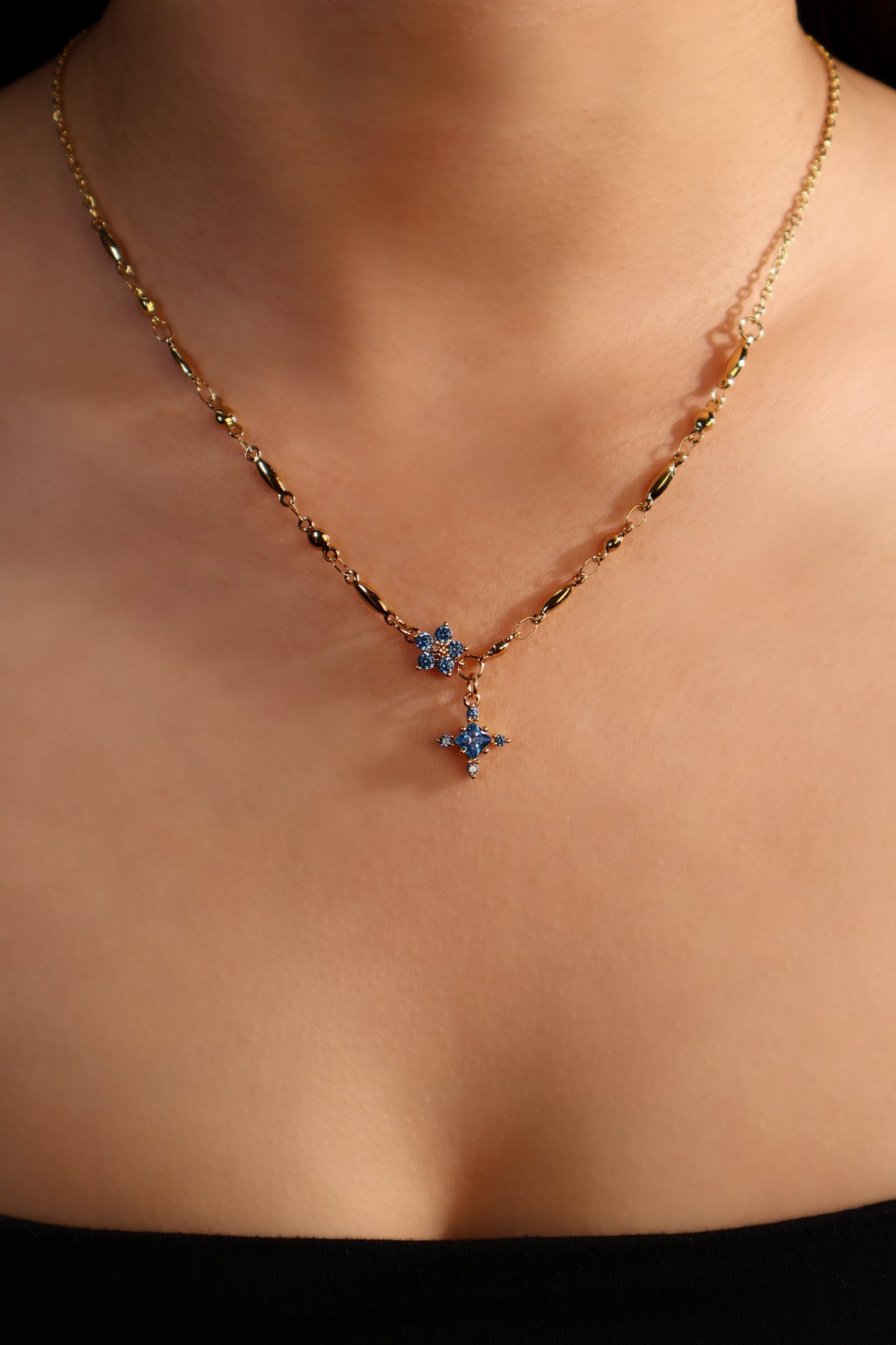 18K Real Gold Plated Aquamarine Starlight Cross Necklace
