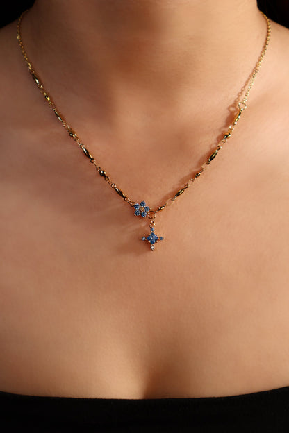 18K Real Gold Plated Aquamarine Starlight Cross Necklace