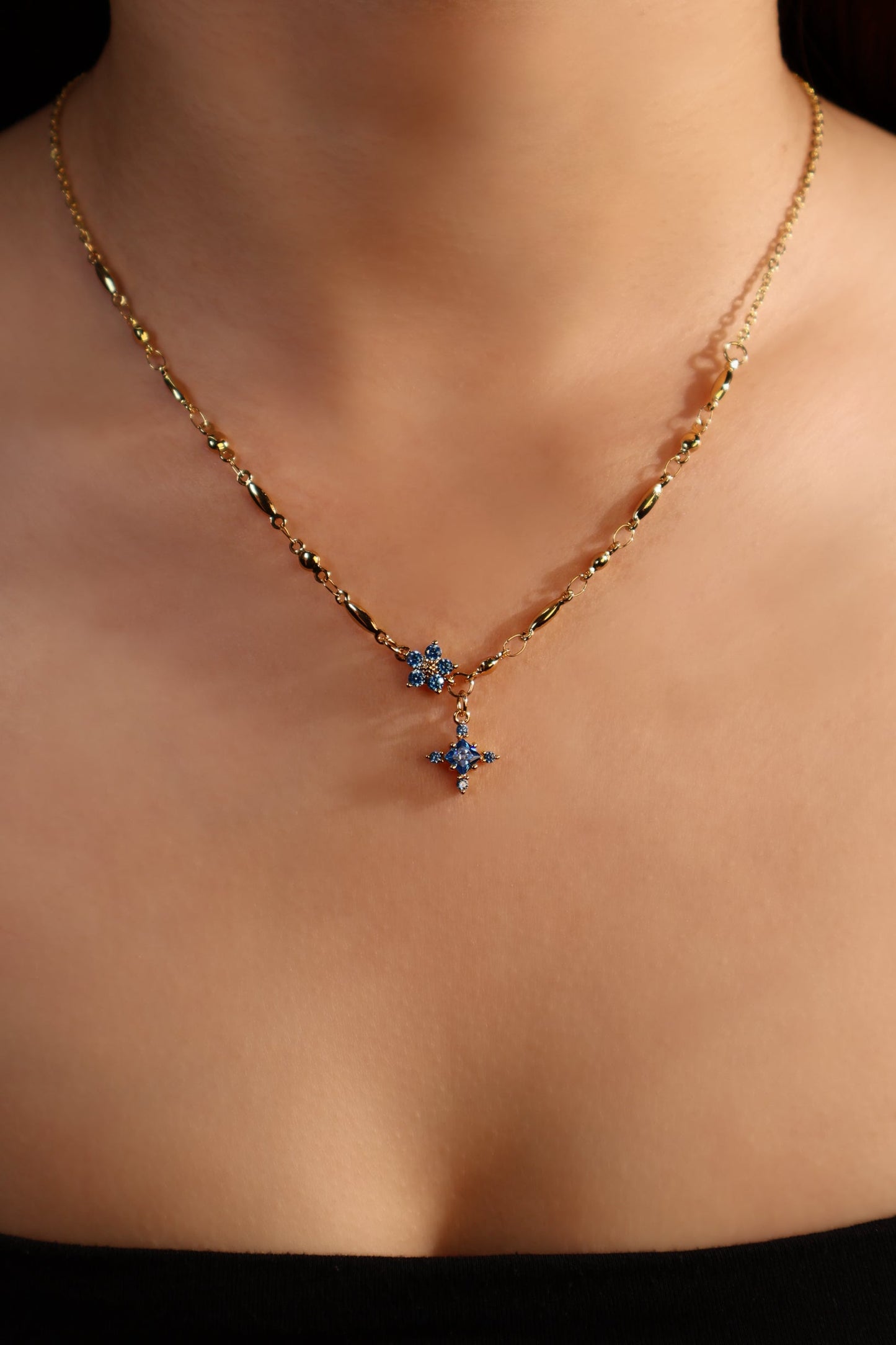 18K Real Gold Plated Aquamarine Starlight Cross Necklace