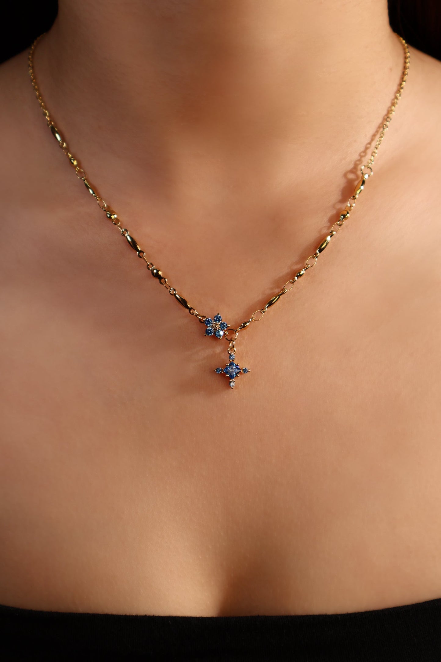 18K Real Gold Plated Aquamarine Starlight Cross Necklace