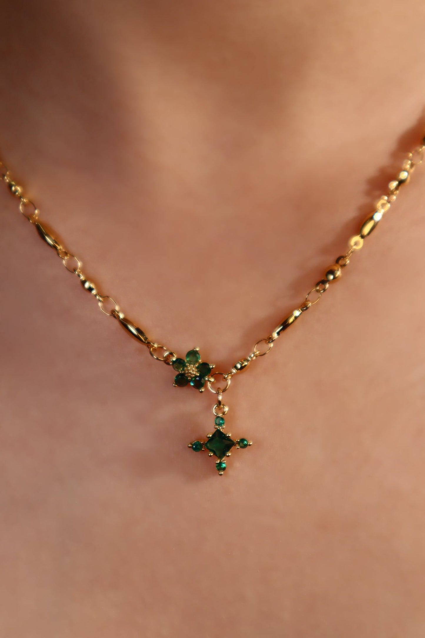 18K Real Gold Plated Emerald Starlight Cross Necklace
