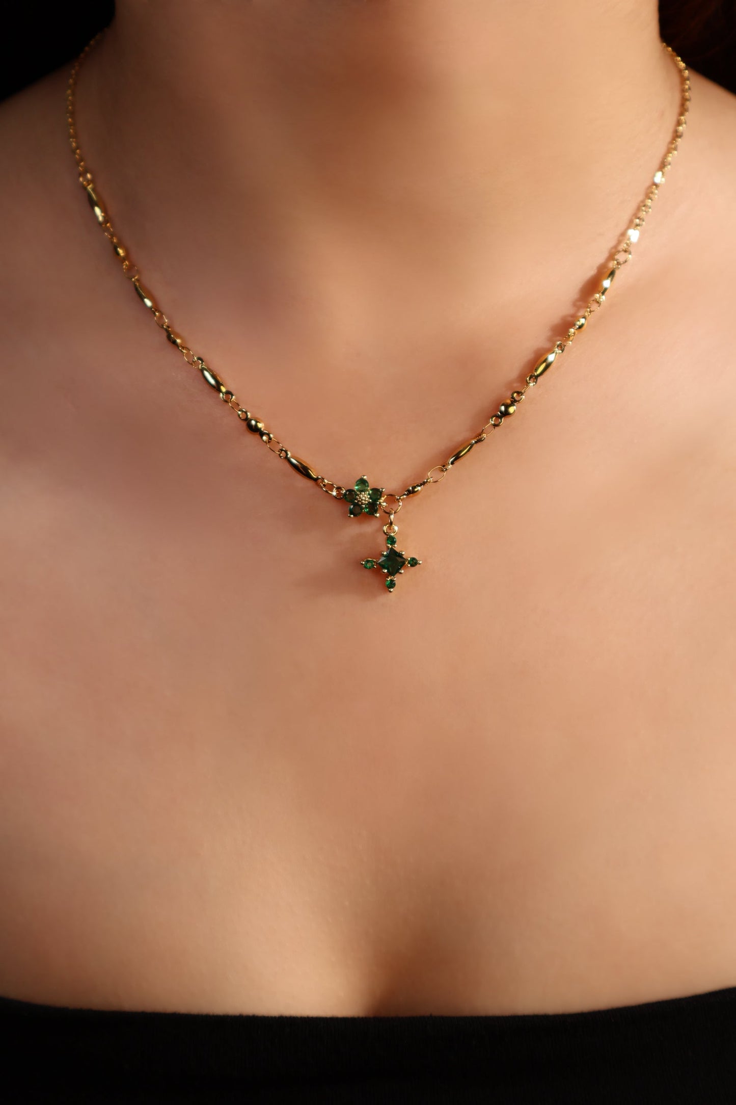 18K Real Gold Plated Emerald Starlight Cross Necklace