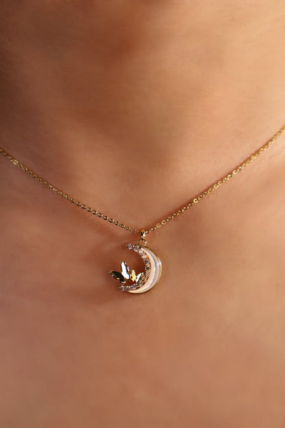 14K Real Gold Plated Diamond Moon Butterfly Necklace