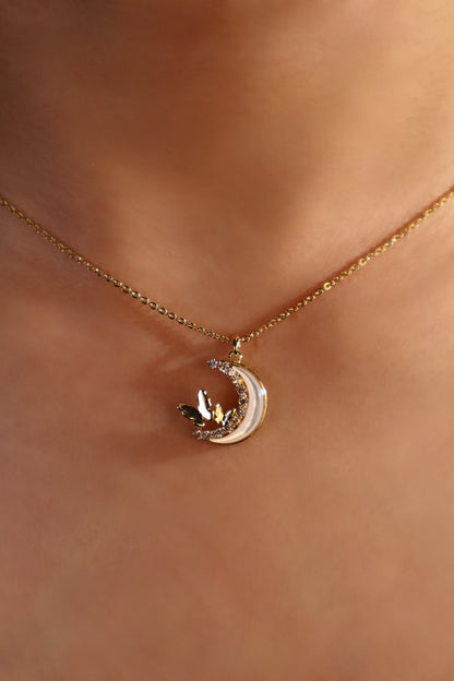 14K Real Gold Plated Diamond Moon Butterfly Necklace