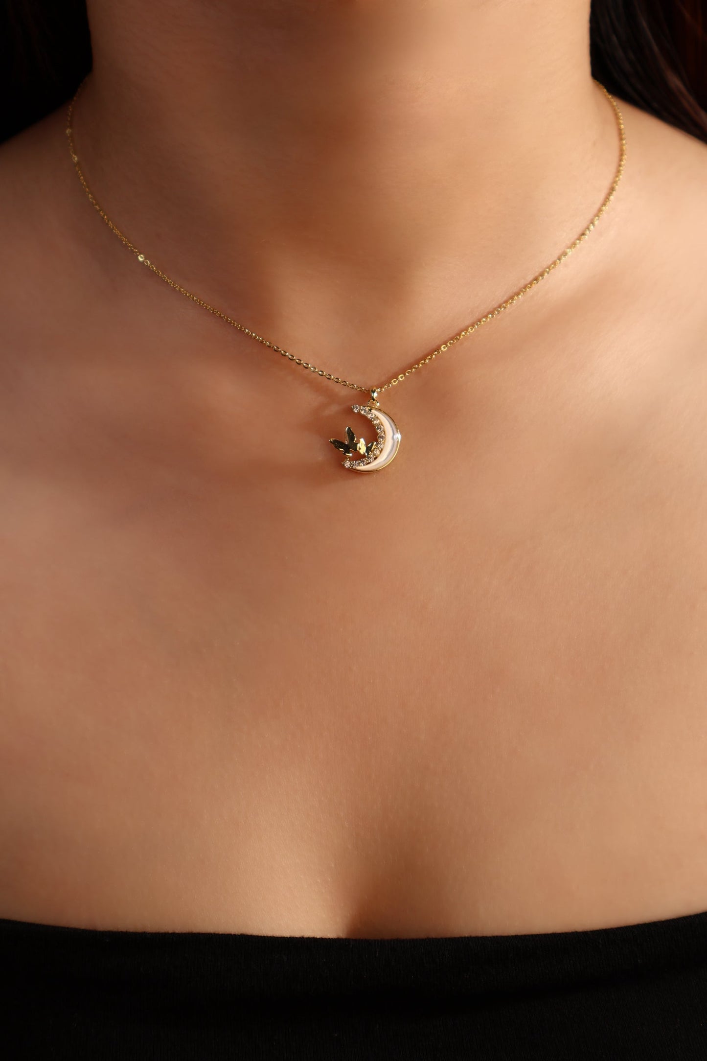 14K Real Gold Plated Diamond Moon Butterfly Necklace