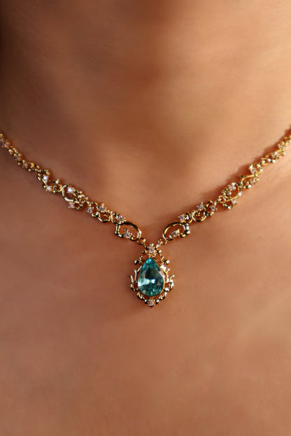 18K Real Gold Plated Blue Gem Droplet Lace Necklace