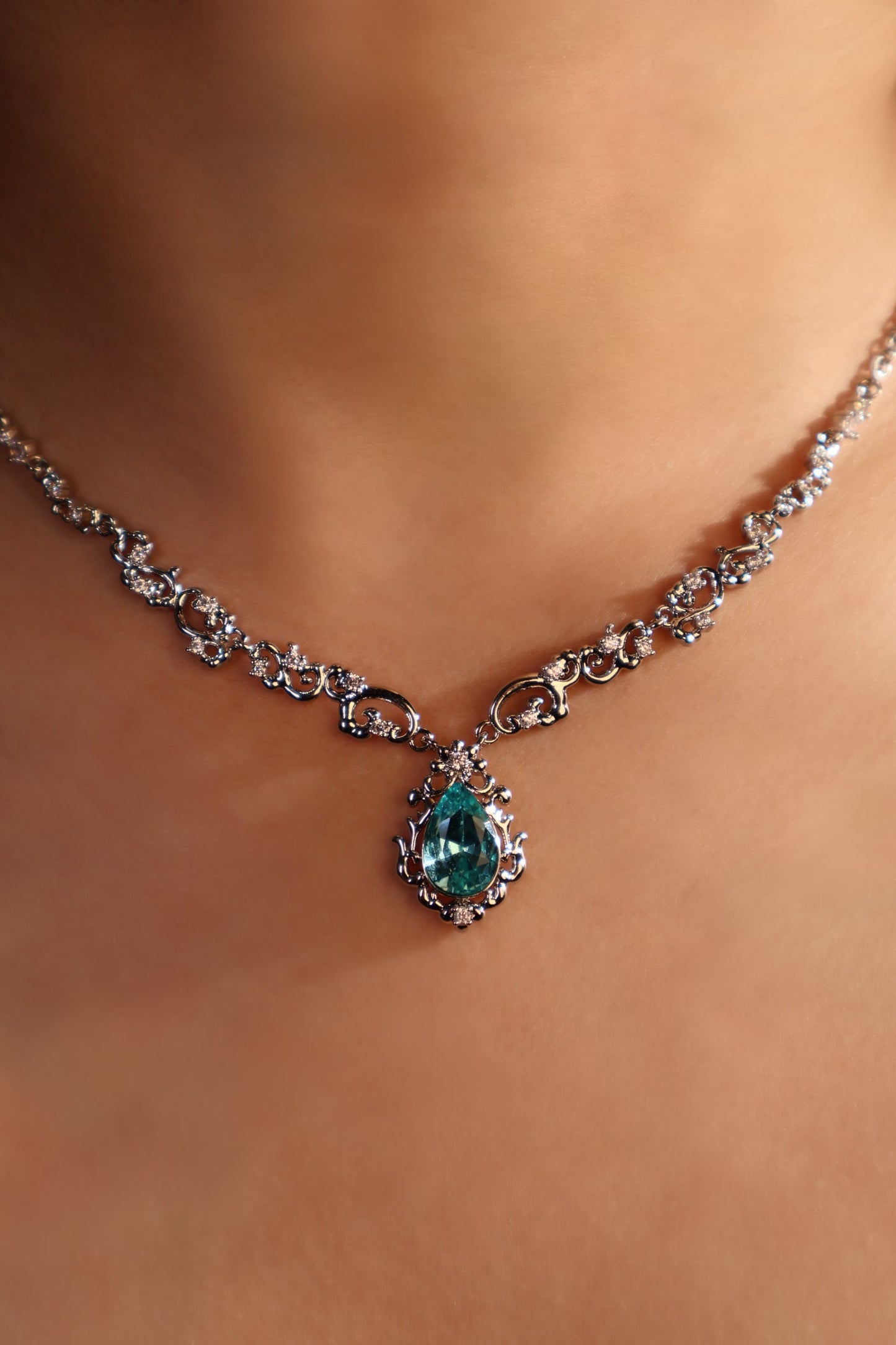 Palladium White Gold Plated Blue Gem Droplet Lace Necklace