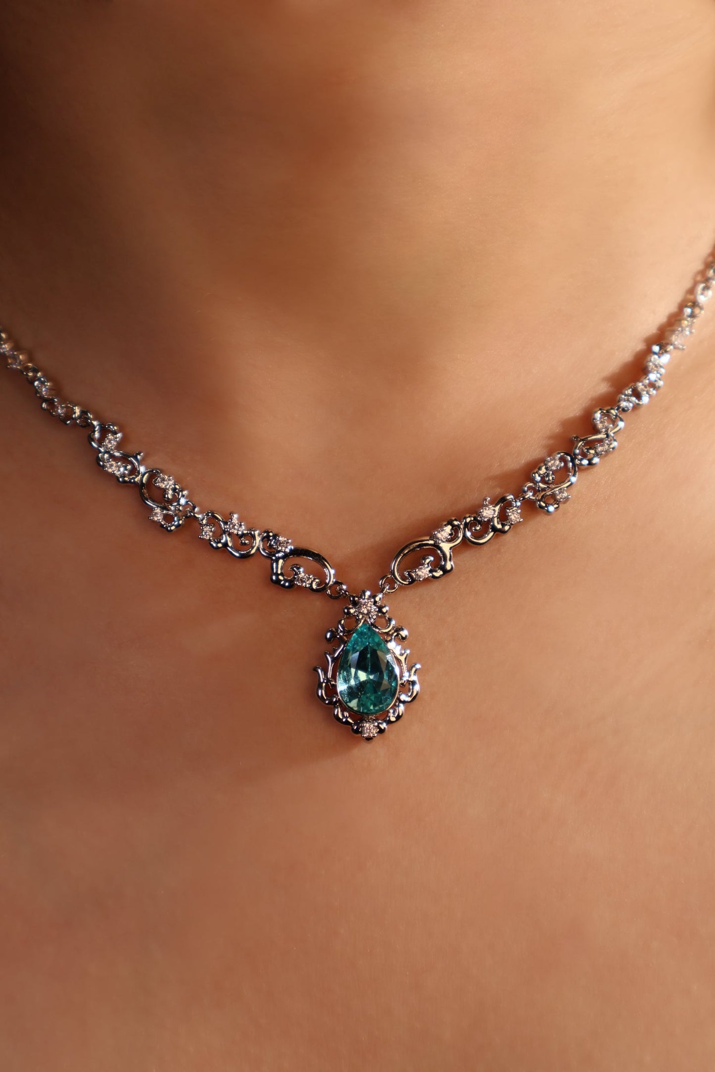 Palladium White Gold Plated Blue Gem Droplet Lace Necklace
