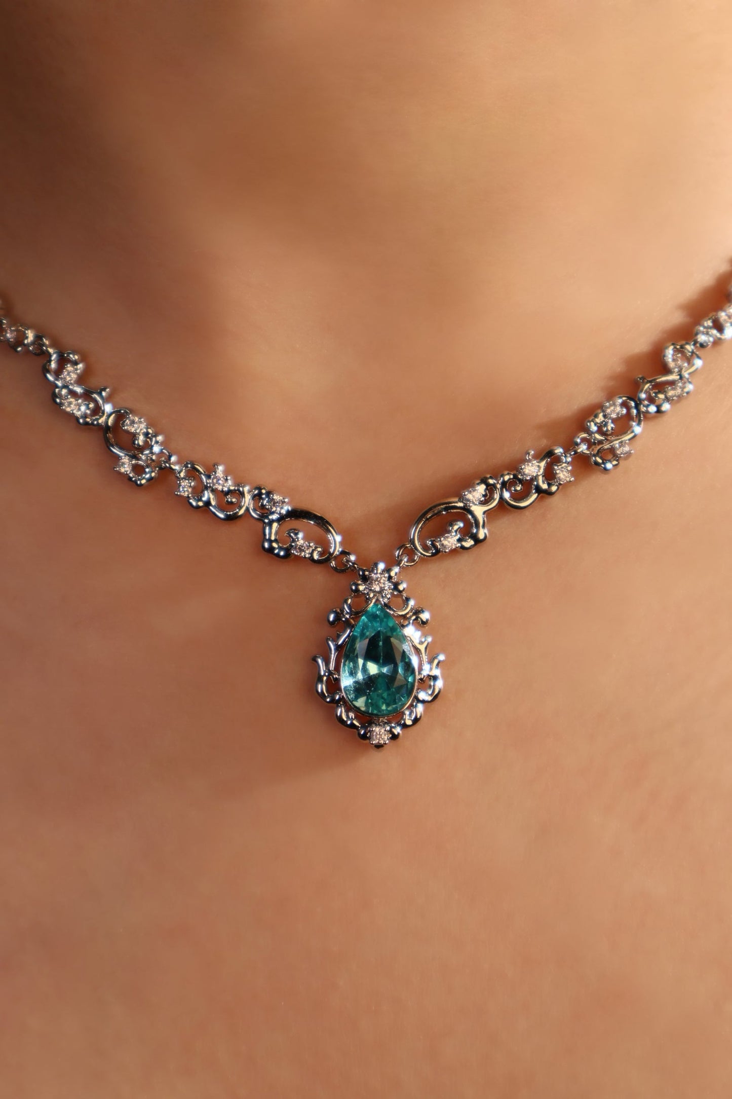 Palladium White Gold Plated Blue Gem Droplet Lace Necklace