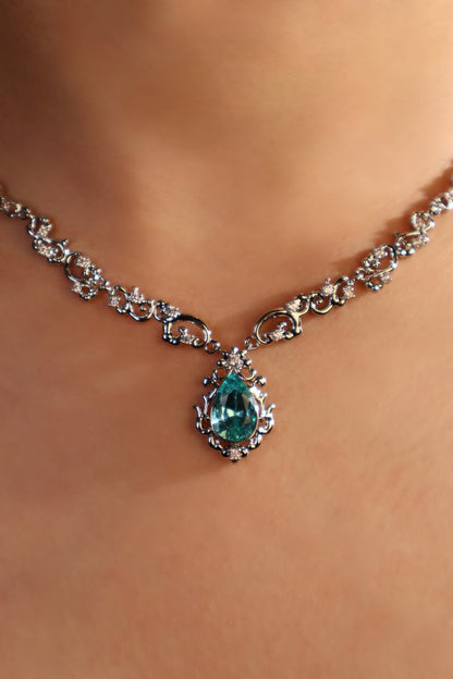 Palladium White Gold Plated Blue Gem Droplet Lace Necklace