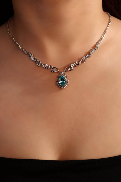Palladium White Gold Plated Blue Gem Droplet Lace Necklace