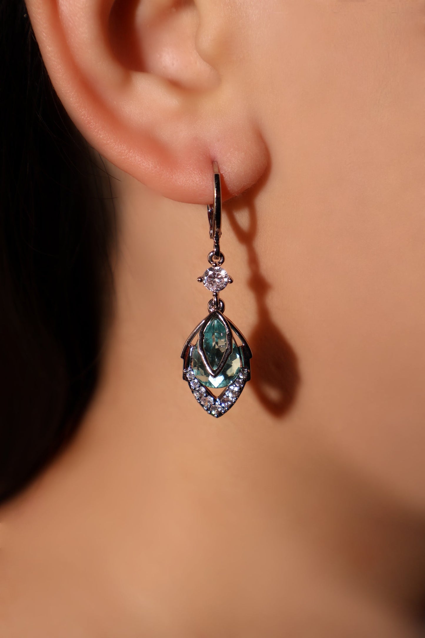 Palladium White Gold Plated Blue Gem Droplet Earrings