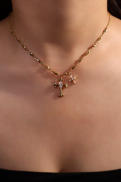18K Real Gold Plated Double Cross Starlet Necklace