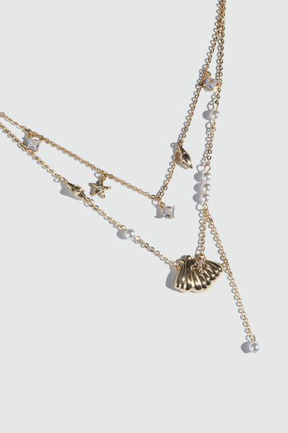 18K Real Gold Plated Shell Starfish Pearls Layer Necklace