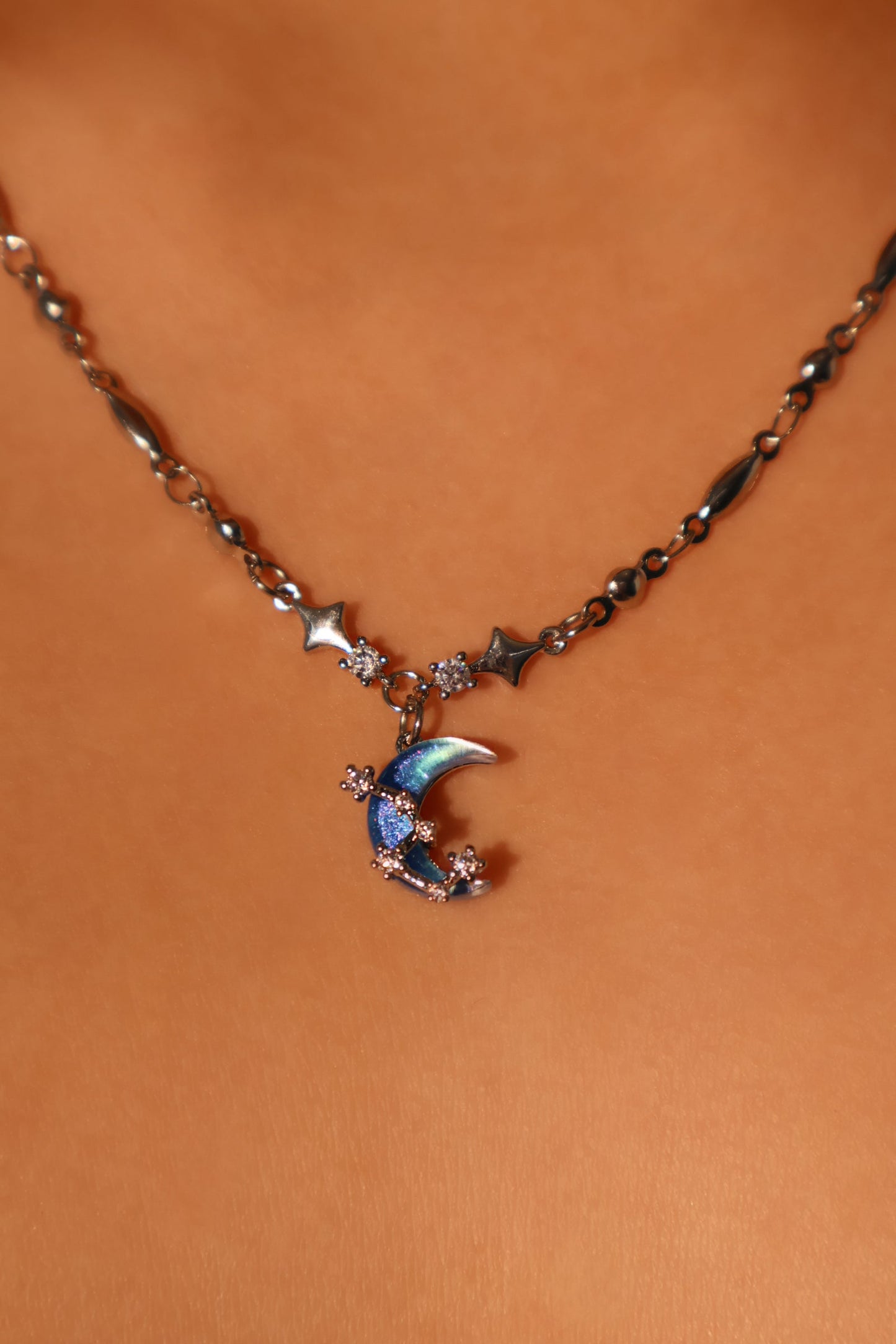 Palladium White Gold Plated Moonstone Moon Star Necklace
