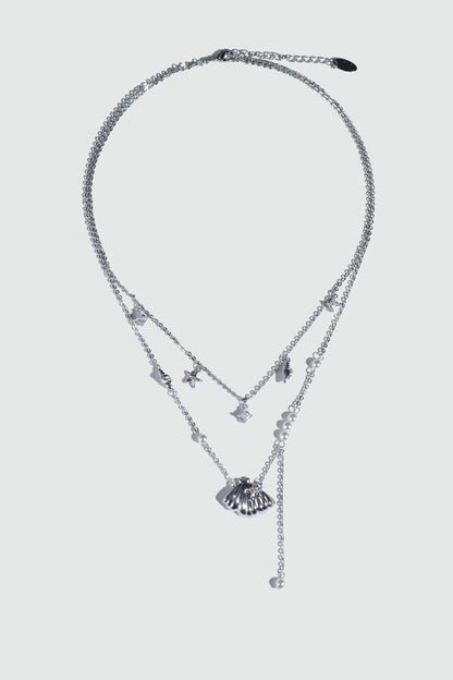 Palladium White Gold Plated Shell Starfish Pearls Layer Necklace