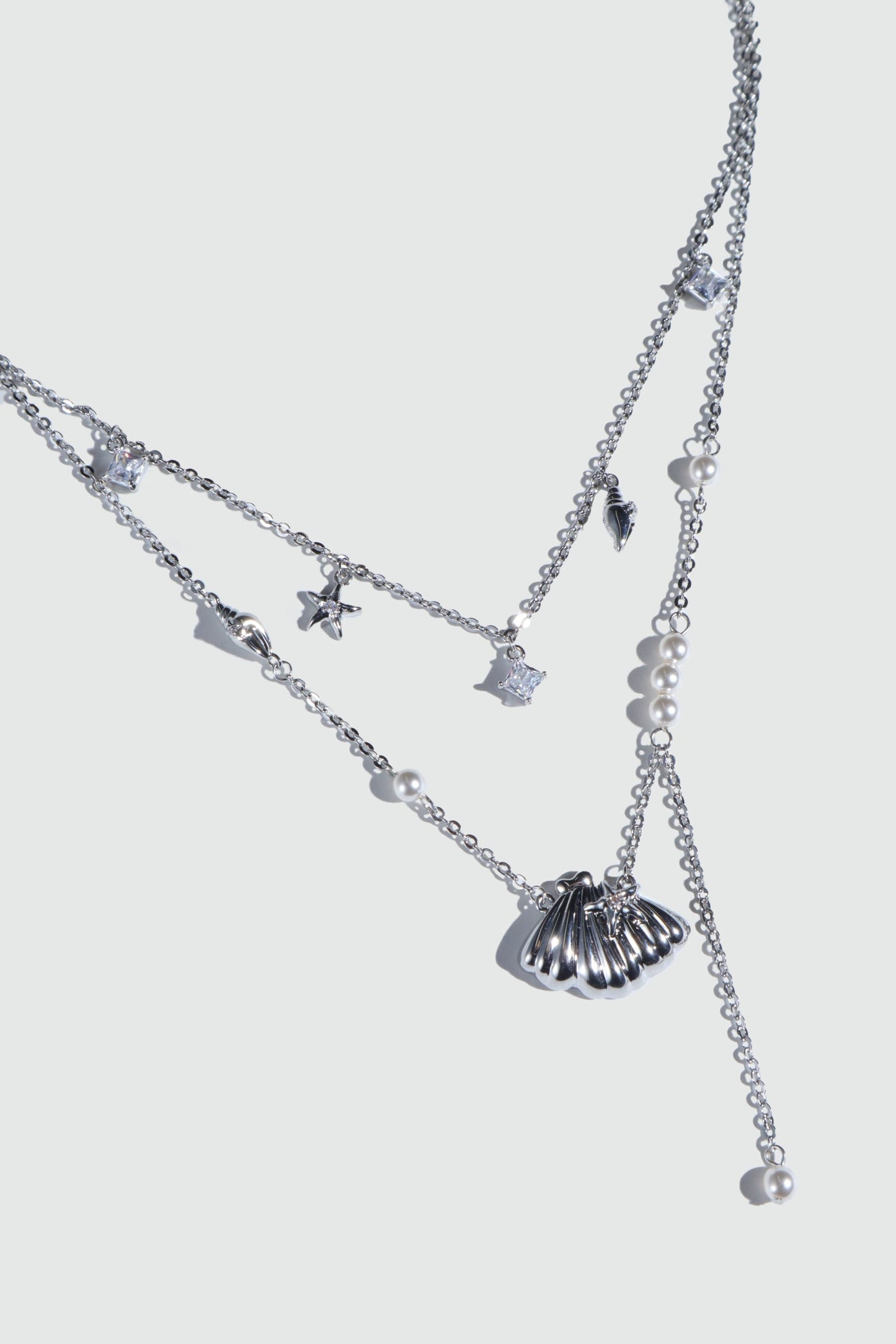 Palladium White Gold Plated Shell Starfish Pearls Layer Necklace