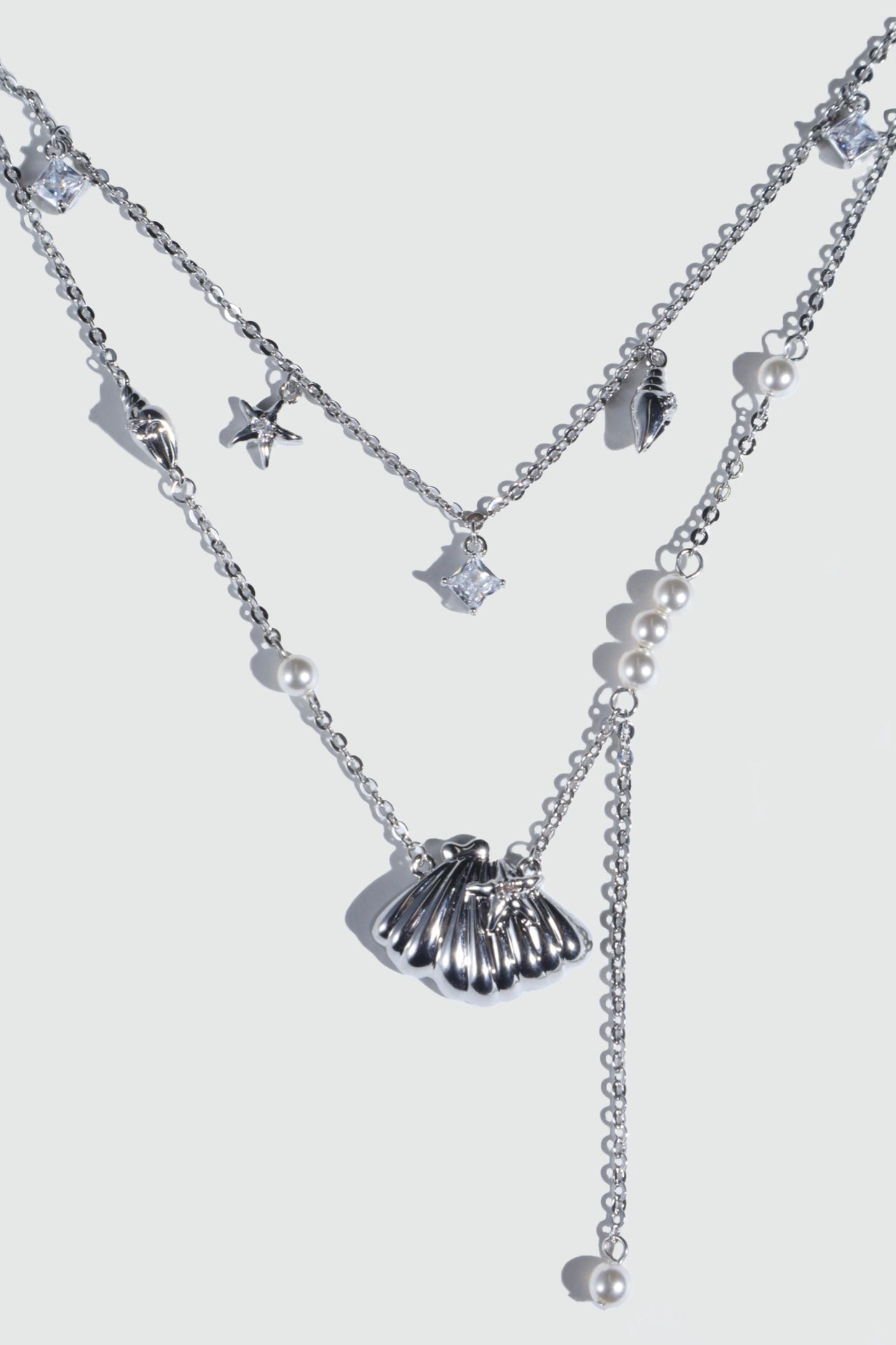 Palladium White Gold Plated Shell Starfish Pearls Layer Necklace