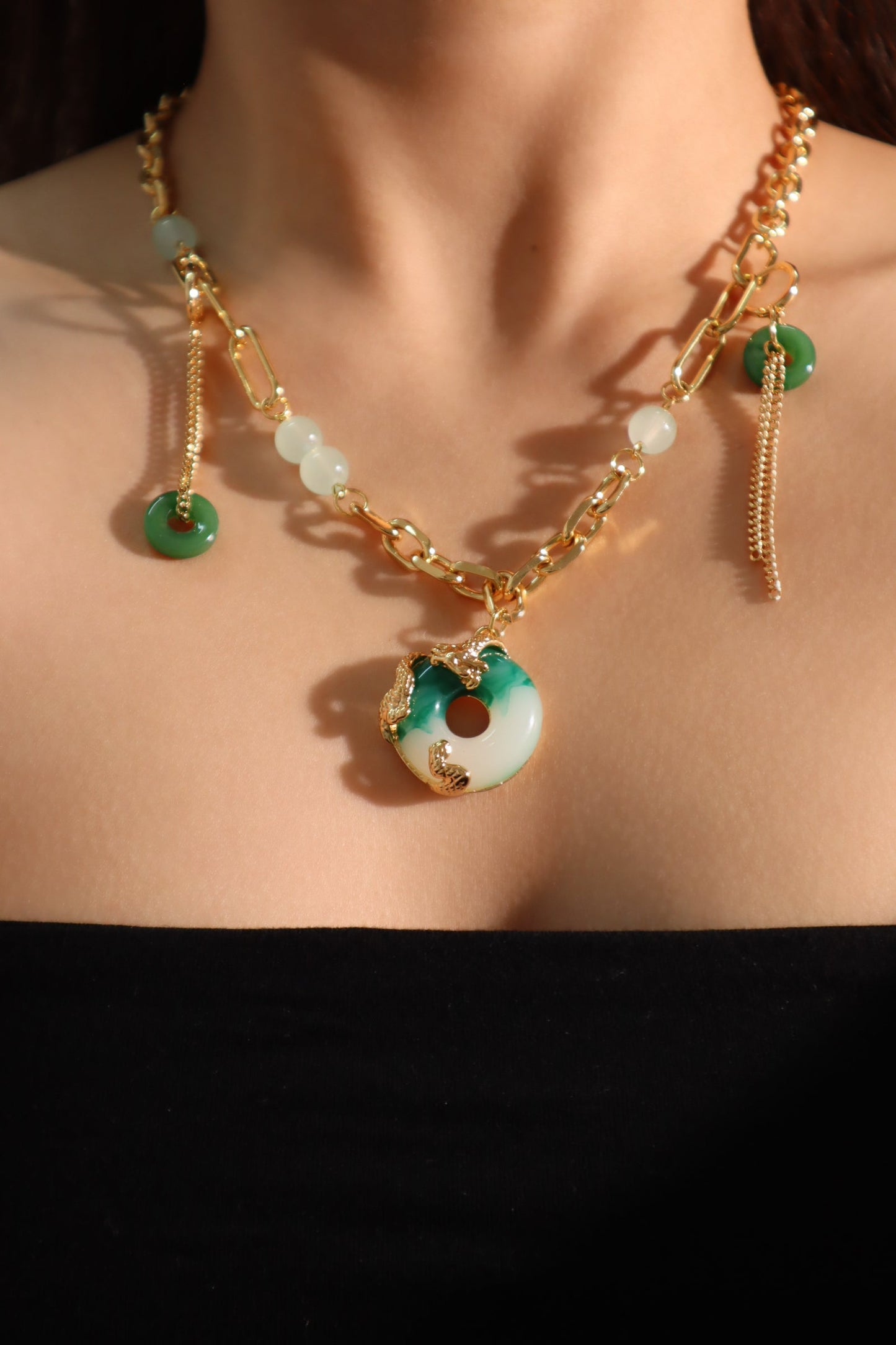 18K Real Gold Plated Jade Dragon Necklace (EARRINGS INCLUDED)