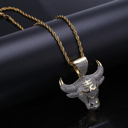 18K Gold-Plated Micro-inlay AAA CZ Bull Head Pendant