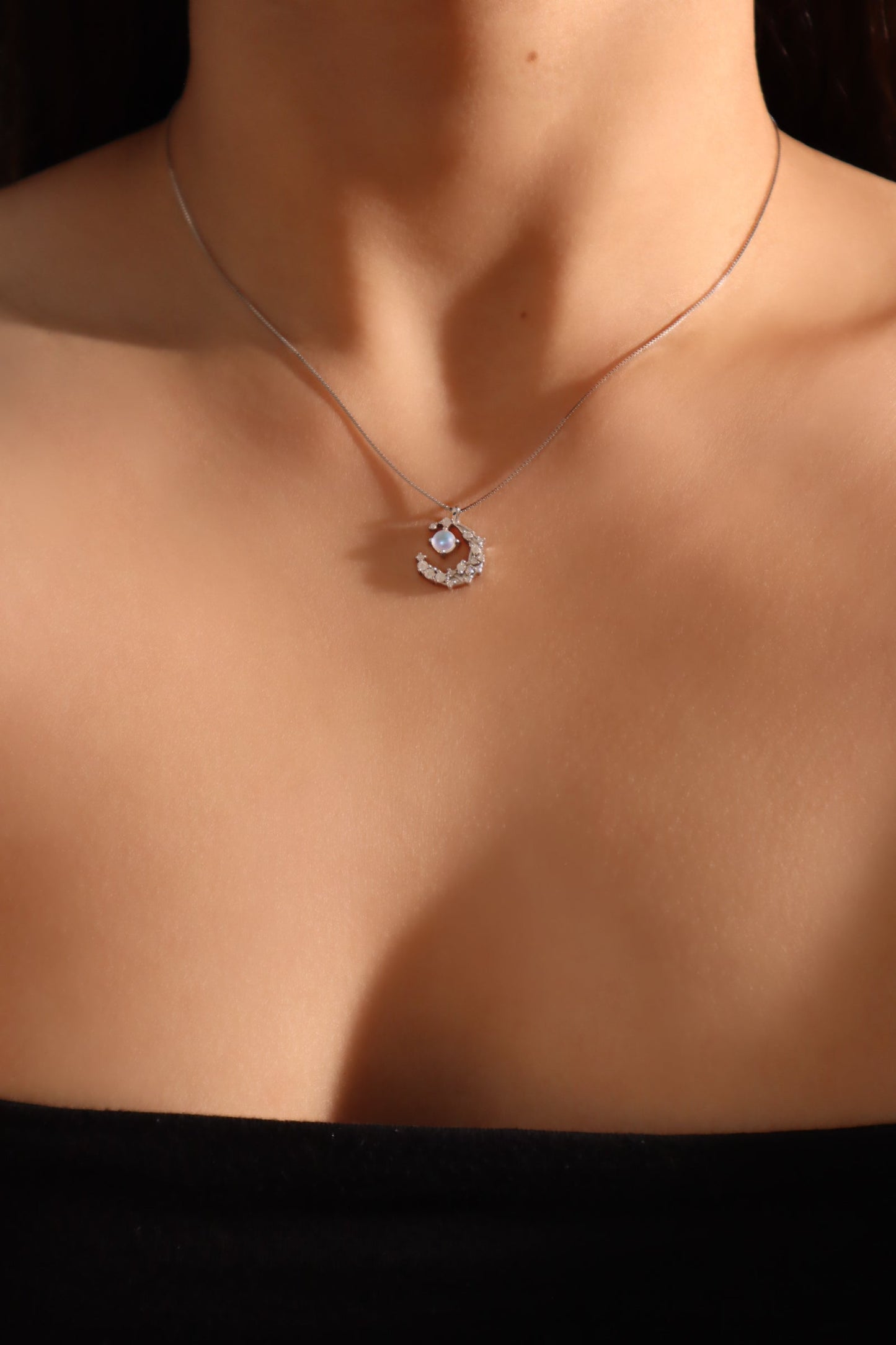 Palladium White Gold Plated Moonstone Moon Necklace