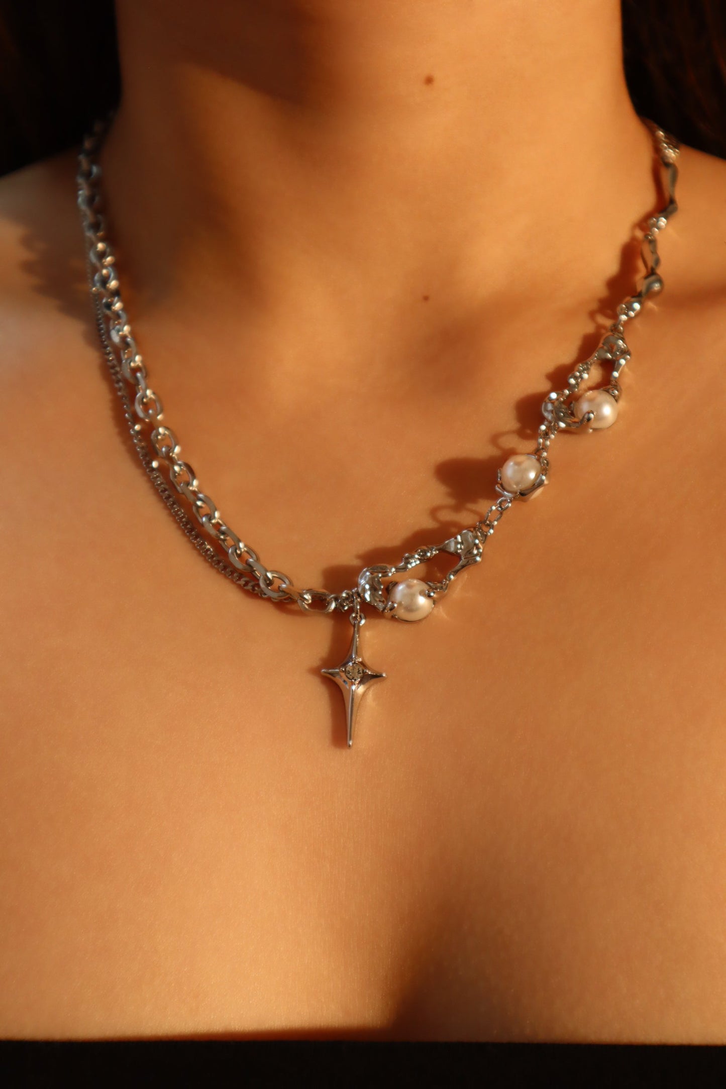 Palladium White Gold Plated Pearl Star Necklace
