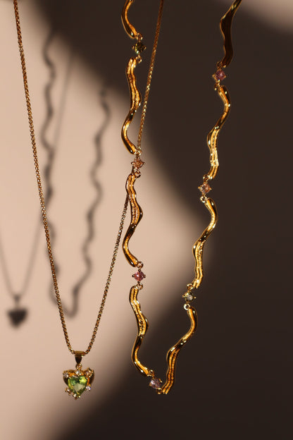 18K Real Gold Plated Diamond Green Gem Heart Necklace