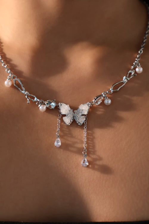 Palladium White Gold Plated Blue Crystal Butterfly Necklace