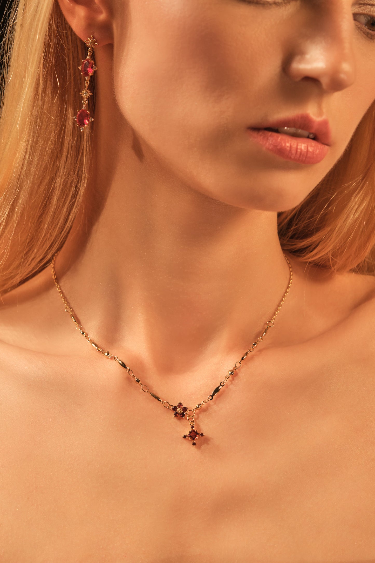 18K Real Gold Plated Garnet Starlight Cross Necklace