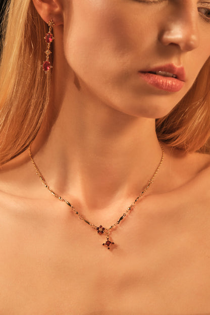 18K Real Gold Plated Garnet Starlight Cross Necklace