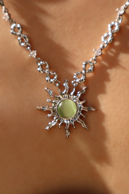 Palladium White Gold Plated Green Opal Sun Necklace