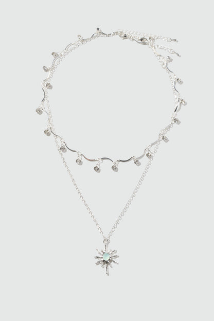 Palladium White Gold Plated Pole Star Wave Layer Necklace
