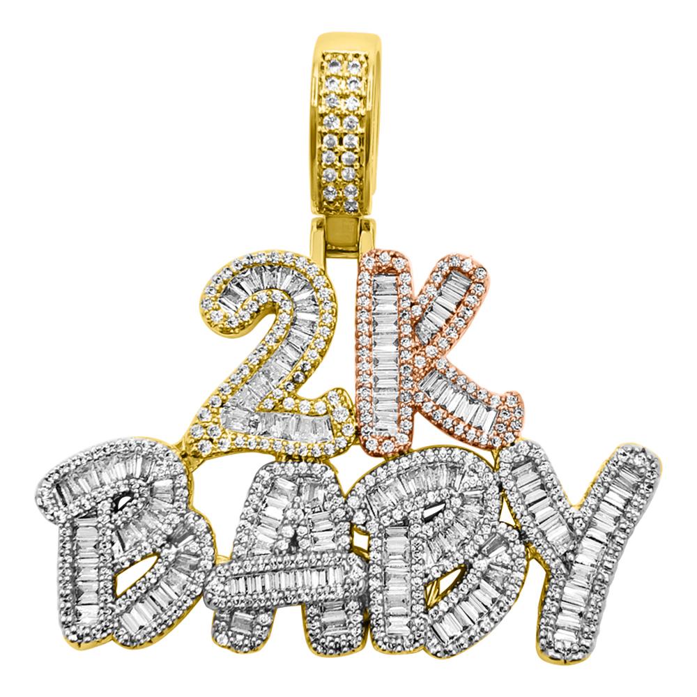 2K Baby Baguette 3 Tone VVS CZ Iced Out Pendant