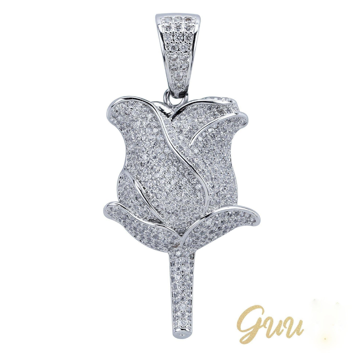 30mm  Iced Gold-Plated CZ  Rose Pendant & Cuban Link Chain