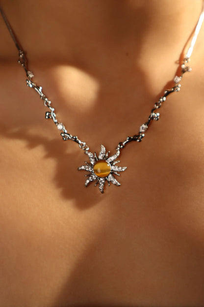 Palladium White Gold Plated Orange Opal Sun Necklace