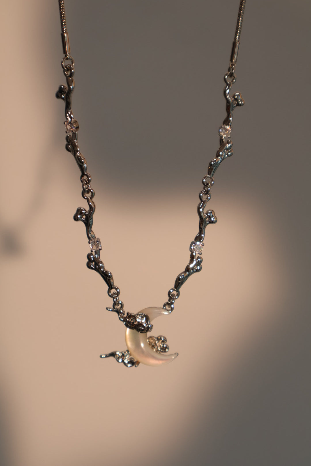 Palladium White Gold Plated Diamonds Natural Shell Moon Necklace