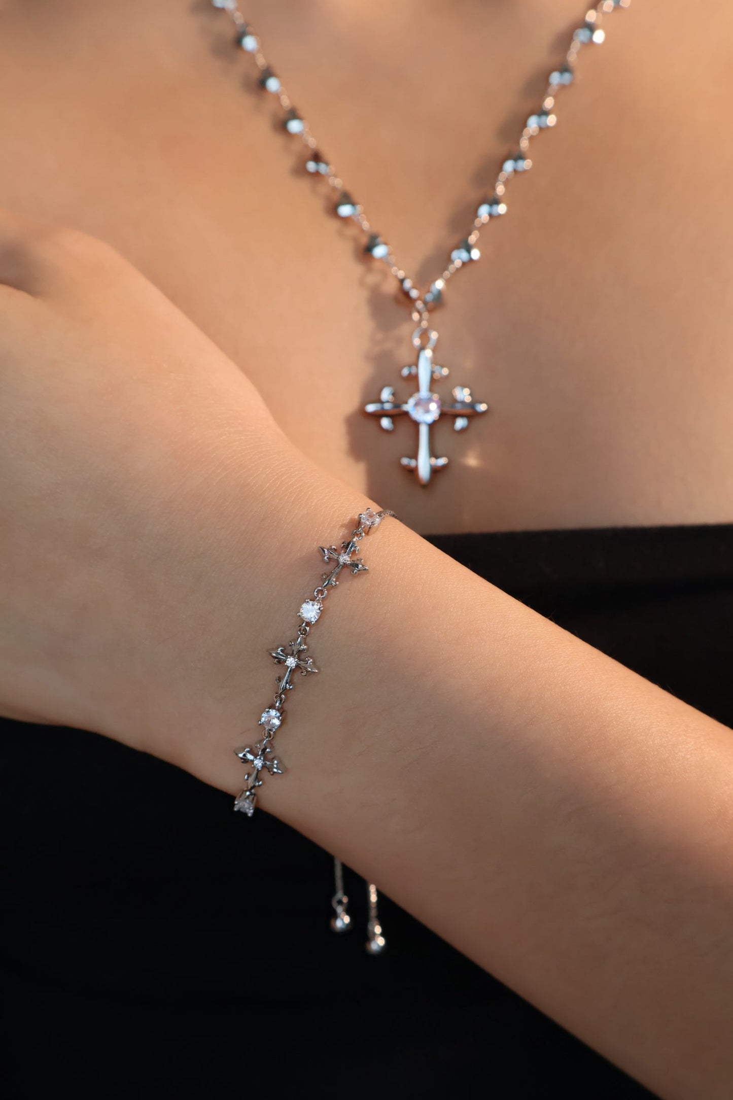 Palladium White Gold Plated Multi Diamond Cross Bracelet