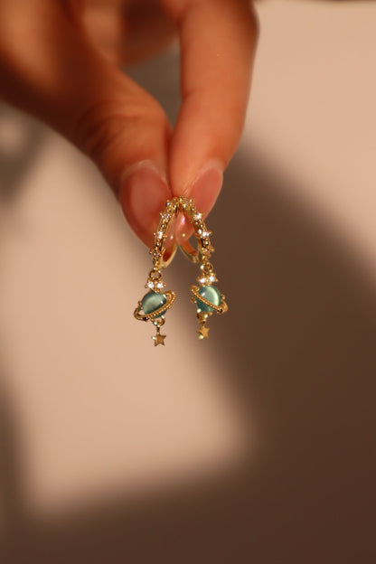 14K Real Gold Plated Saturn Star Hoop Earrings
