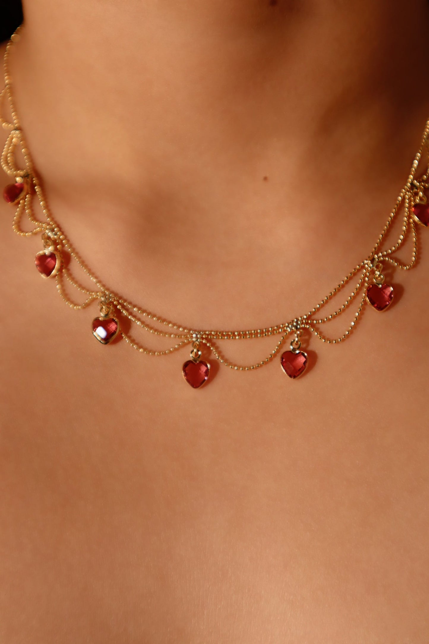 14K Real Gold Plated Double Layer Pink Heart Necklace